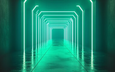 Poster - A neonlit green room with glowing lines and geometric shapes, showcasing a digital, technologyinspired abstract background with a modern and sleek aesthetic