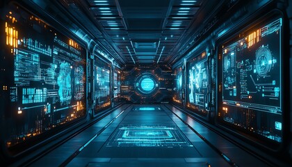Poster - A technologythemed green room with bright neon lights, creating an abstract, glowing background with a blend of futuristic elements and digital textures