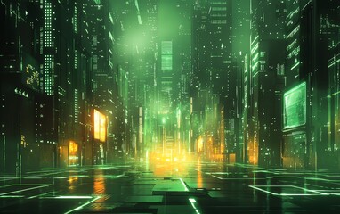 Poster - A vibrant neon green room with glowing lights and digital shapes, creating an abstract, techinspired background full of energy and modern design