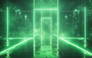 Canvas Print - A vibrant neon green room with glowing lights and digital shapes, creating an abstract, techinspired background full of energy and modern design