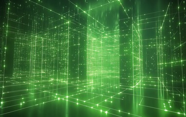 Poster - A vibrant neon green room with glowing lights and digital shapes, creating an abstract, techinspired background full of energy and modern design