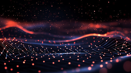 Poster - Abstract representation of data waves with glowing particles in dark space environment