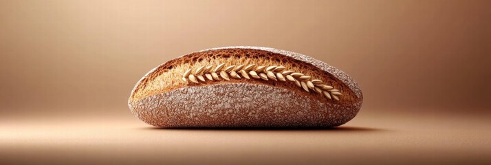 Fototapete - Minimalist bread loaf with wheat grains on a smooth background for template design and text placement. Generative AI