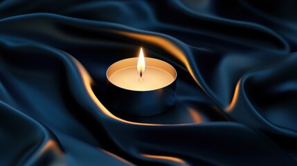 Aufkleber - Single lit candle casting warm light on soft dark fabric in a serene and calming setting. Generative AI