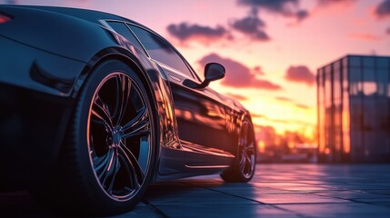 Poster - Luxury vehicle parked in a modern urban setting during sunset with sleek design and vibrant colors. Generative AI