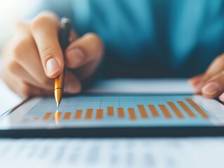 Poster - Businesswoman analyzing financial charts and growth predictions on tablet