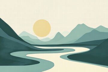 Aufkleber - Winding river through a serene mountain range with a minimalist design and ample space for text. Generative AI