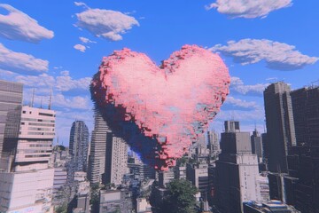 Aufkleber - a cyberpunk-inspired glowing valentine heart in neon pink and blue, surrounded by digital glitch eff