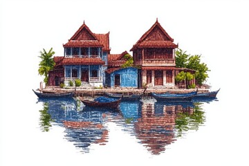 Poster - A flat 2D drawing of Cambodian floating houses with small boats and reflections on a calm lake, all set against a clean white backdrop