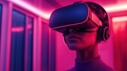 Poster - Woman wearing vr headset exploring metaverse in futuristic office space