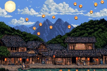 Poster - A pixel art depiction of a Hmong festival in a colorful village, with tiny characters wearing traditional attire, lanterns floating, and rice fields in the background, all rendered in vibrant