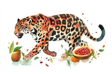 Sticker - Watercolor Painting of a Jaguar with Tropical Fruits