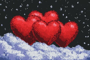 Aufkleber - A pixel art depiction of bright red Valentine hearts animated to pulse and glow, set against a retro pixelated background resembling an 8-bit video game