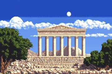 Poster - A pixel art timeline of history with iconic moments like ancient pyramids, medieval castles, and astronauts landing on the moon, all rendered in a retro 8-bit style
