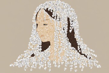 Leinwandbilder - A simple flat design of a traditional Hmong headdress with silver coins and geometric embroidery patterns, rendered in soft earth tones on a neutral background