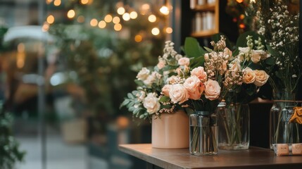 Aufkleber - Stylish storefront display featuring fresh flowers in glass vases with warm lights creating an inviting atmosphere. Generative AI
