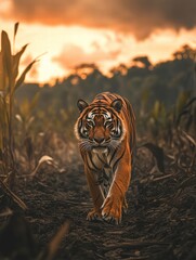 Aufkleber - Solitary tiger moves through deforested jungle at sunset in search of prey and habitat. Generative AI