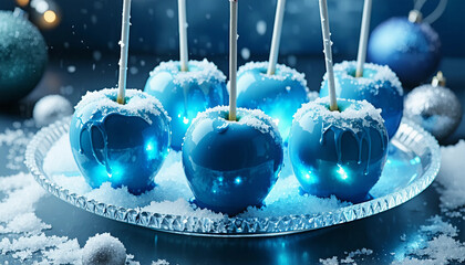 A set of candy apples glowing with icy blue and silver frost, placed on a reflective crystalline