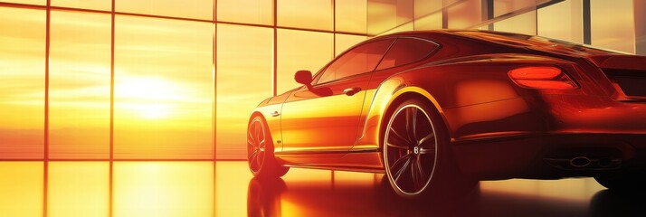 Poster - Luxury car parked in a modern setting during a vibrant sunset. Generative AI