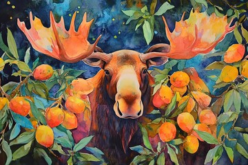 Canvas Print - Majestic Moose Amidst Vibrant Orange Fruit Trees