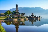 Morning view of Ulun Danu Beratan Temple on the lake. The most iconic and famous temple in Bali surrounded by mountains