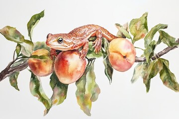 Sticker - Watercolor Painting of a Frog on a Peach Branch