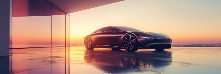 Poster - Sleek luxury car parked in a modern setting during sunset with stunning reflections on shiny surface. Generative AI