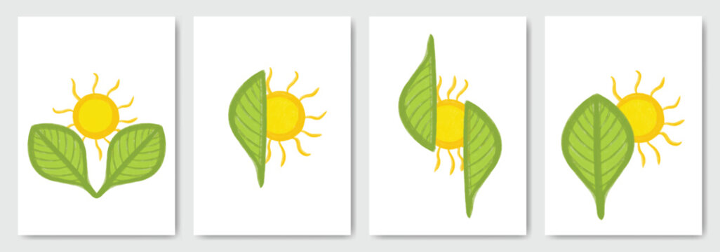 Sunrise logo of green plant with sun. Illustration of branding, vector mega collection of nature landscape concept, eco leaf, summer and spring ideas. Caring sunshine template. Solar energy green home