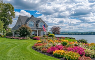 Wall Mural - A beautiful home on the shore of Lake Side, New York, with colorful flowers in the front yard and a large lawn leading to an oversized lake behind it