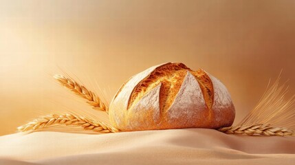 Fototapete - Minimalist design featuring a loaf of bread with wheat grains on a neutral backdrop for creative uses. Generative AI