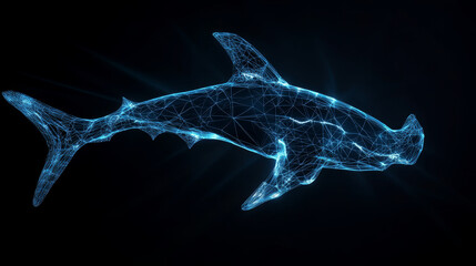 Poster - a hologram of a hammerhead fish. a hammerhead fish made of polygons, triangles of dots and lines. th