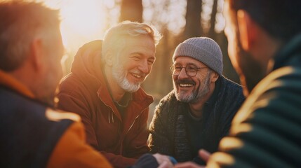 Wall Mural - Caucasian mature men enjoying outdoor conversation at sunset gathering