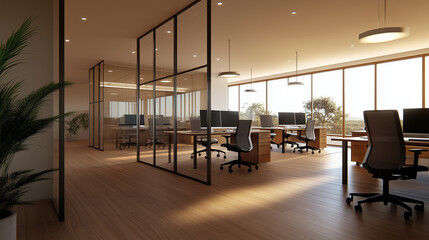 Poster - Modern office interior with large windows and natural lighting in a spacious design