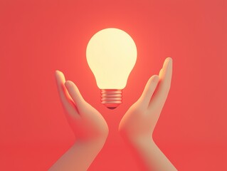 Poster - Two hands protecting glowing lightbulb: creative idea and brainstorming concept