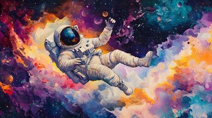 astronaut floating through colorful surreal galactic fantasy space