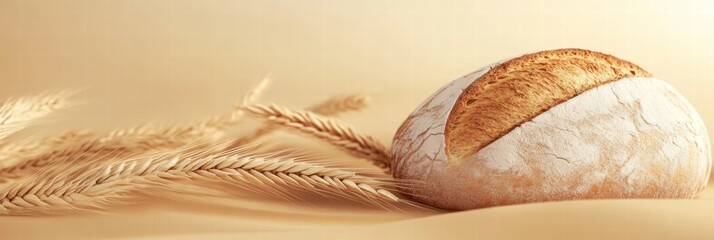 Fototapete - Minimalist bread loaf resting beside wheat grains on a smooth surface with space for text placement and design. Generative AI