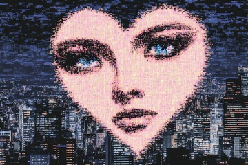 Aufkleber - a cyberpunk-inspired glowing valentine heart in neon pink and blue, surrounded by digital glitch eff