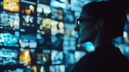 Poster - A focused woman in glasses analyzes a colorful array of digital images on multiple screens, showcasing modern data processing and technology.