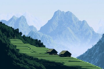 Aufkleber - A geometric representation of a terraced rice field in Laos, featuring clean shapes and gradient greens, with small huts simplified in the design