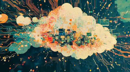 Poster - A circuit Board in the form of a cloud. Microchip cloud with arrow background. High-tech vector illustration of a cloud of chips. Electronic board.