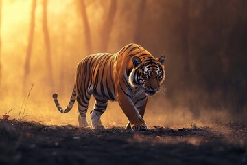 Poster - Solitary tiger navigates deforested jungle at sunset highlighting wildlife struggle for survival. Generative AI