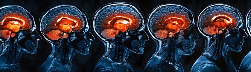 Poster - An artistic representation of human brains in different stages of thought, highlighting the intricate connections and neural activity.