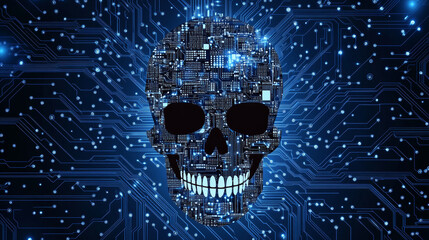 Poster - Circuit Board in the shape of a skull. Microchip skull background. High-tech vector illustration of a skull made of chips. Electronic board.