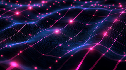 Poster - colorful glowing waves with particles creating a vibrant abstract pattern in a dark setting