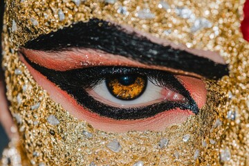 Poster - A hyper-realistic close-up of Goddess Durga face, showing intricate makeup, jewelry, and the reflection of fire in her eyes
