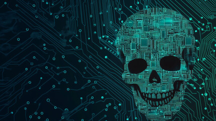 Poster - Circuit Board in the shape of a skull. Microchip skull background. High-tech vector illustration of a skull made of chips. Electronic board.