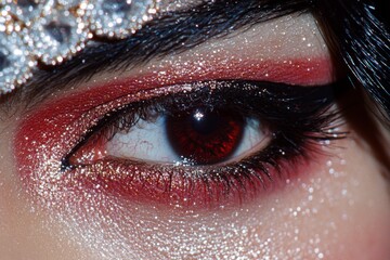 Poster - A hyper-realistic close-up of Goddess Durga face, showing intricate makeup, jewelry, and the reflection of fire in her eyes