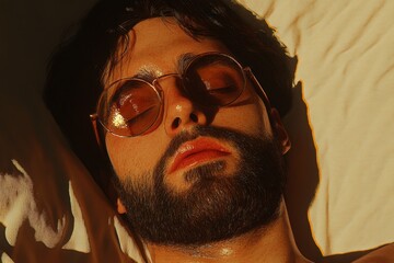 Poster - A hyper-realistic close-up of a hipster face with a perfectly groomed beard and reflective round glasses, showing intricate textures and warm sunlight highlighting their features