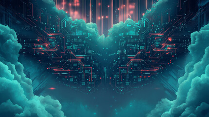Poster - A circuit Board in the form of a cloud. Microchip cloud with arrow background. High-tech vector illustration of a cloud of chips. Electronic board.