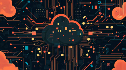 Poster - A circuit Board in the form of a cloud. Microchip cloud with arrow background. High-tech vector illustration of a cloud of chips. Electronic board.